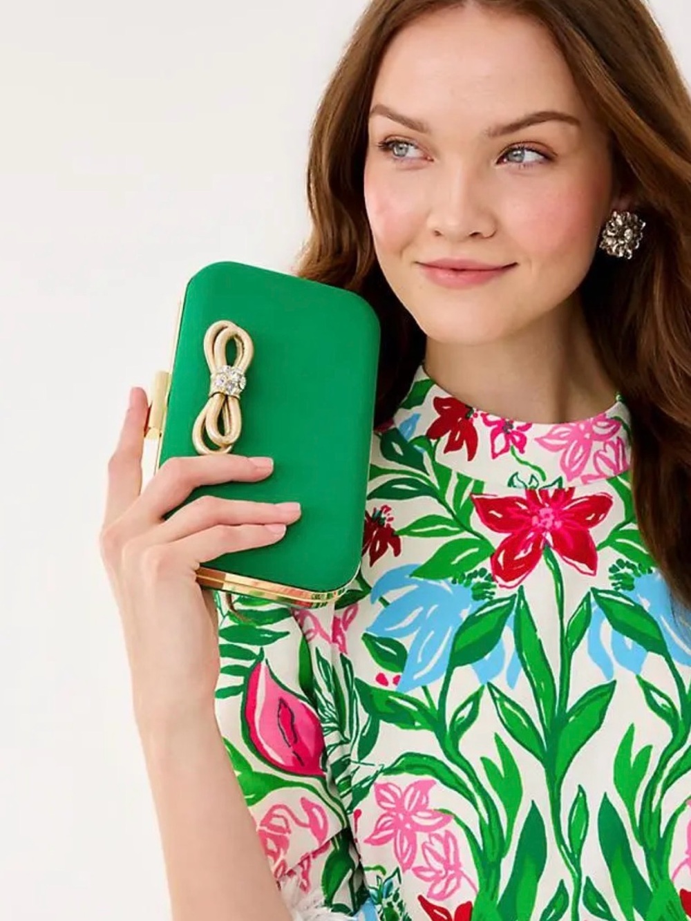 Lilly Pulitzer Jessy Bow Gold Bow Green Clutch with Detachable Gold Strap - New